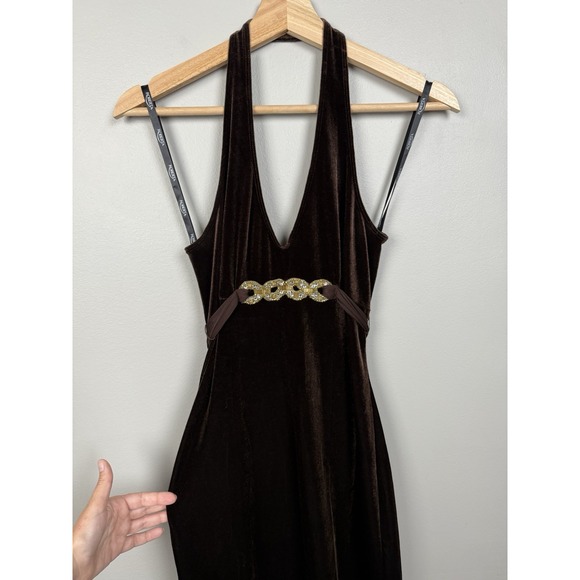 Vintage Roberta Brown Velvet Halter Maxi Dress Rhinestone 90s Y2K Prom Gown Glam - Picture 1 of 13